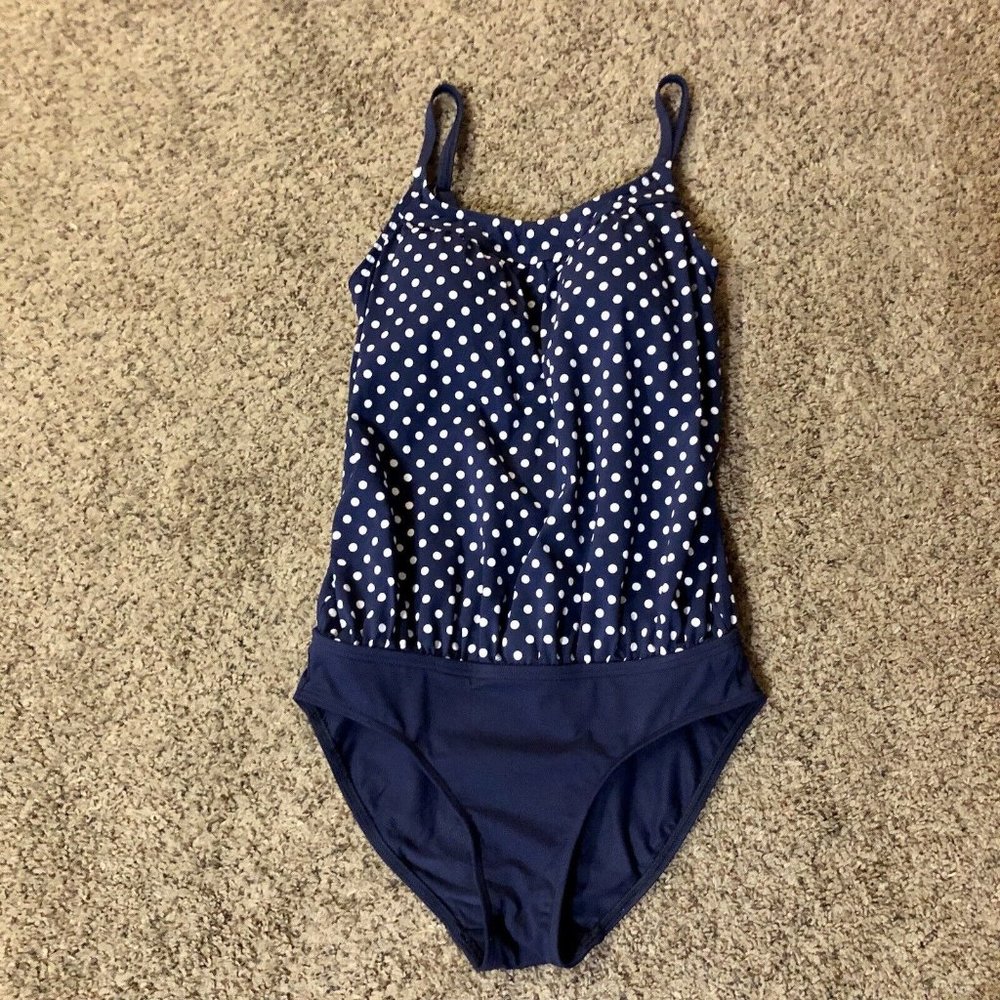 Lands End Maternity Swim Suit Womens 6 Used Navy Polka Dot One Piece - Picture 3 of 15